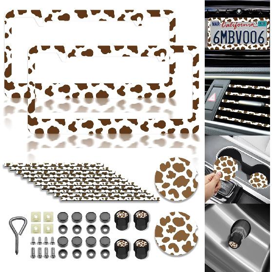 Cow Print License Plate 18 Pcs car Accessories Cow Print License Plate Cover Car Tag Frames for Women or Men Compatible All Vehicle License Plate Tag
