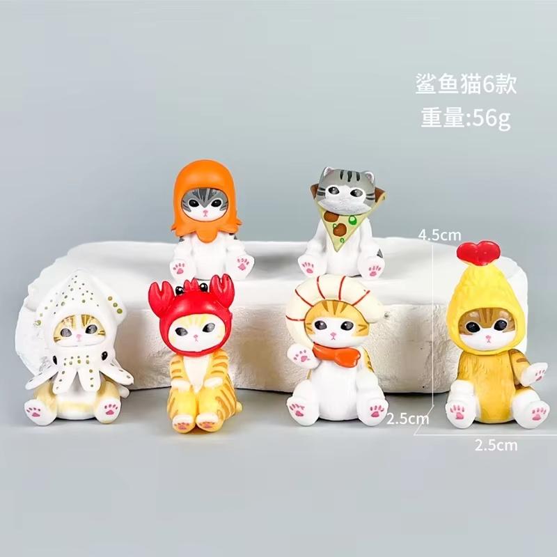 6 Stück Kawaii Mofusand Haifischkatze Mini-Figur Tempura-Garnelen Oktopus Tintenfisch Garnele Krabbe Pizza Modell Auto Armaturenbrett Schreibtisch Dekor Geschenk