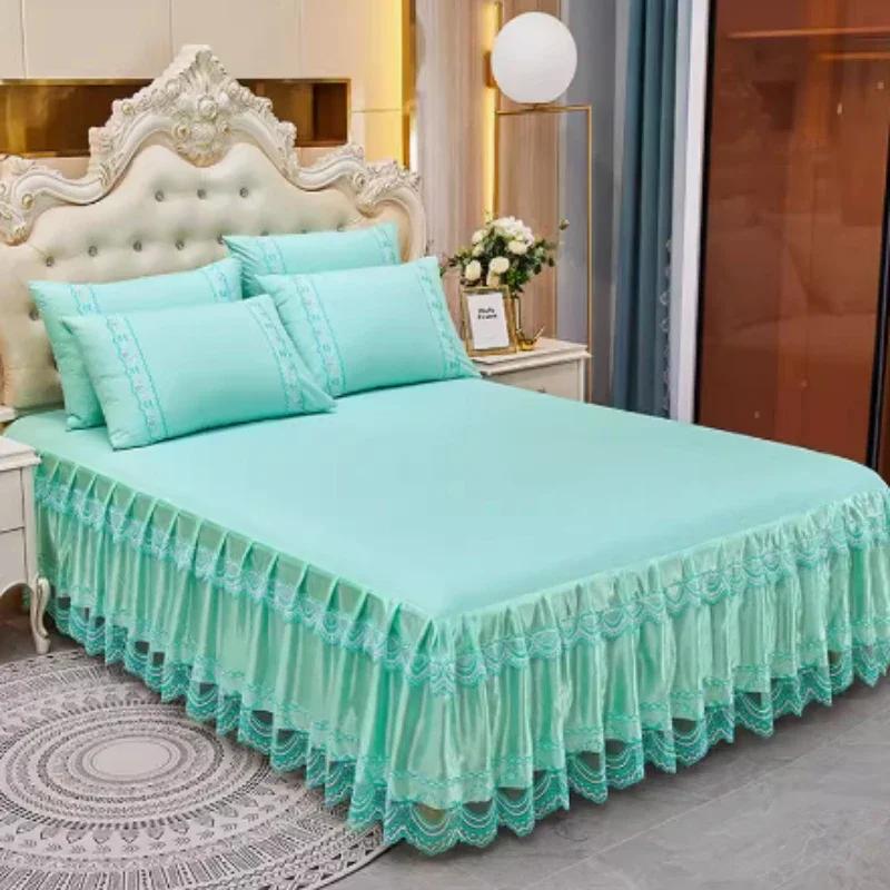 3-Piece Lace Bed Skirt Set Summer Dustproof Anti-Slip Ximengsi Protective Cover for Double Single Bed