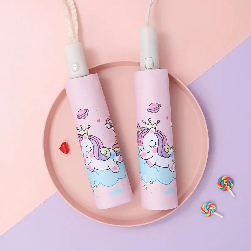Cartoon Unicorn Automatic Umbrella Sun Rain Anti UV Windproof Beach Umbrella Girls Boys Parasol Portable Rain Umbrellas Kids