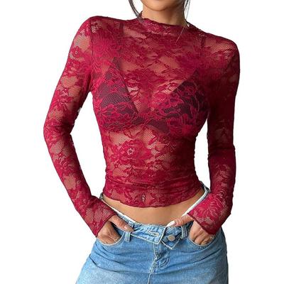 Damen Sexy Mock Neck Durchsichtiges Netzspitze T-Shirt Y2k Slim Fit Langarm Durchsichtiges Blumenblusen-Top Clubwear