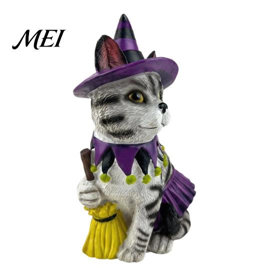 Resin Figurine for Garden Halloween Ornament, Witch Black Cat Pumpkin Shape, Durable Synthetic Compact Statue Weather Resistant Figurine, Indoor