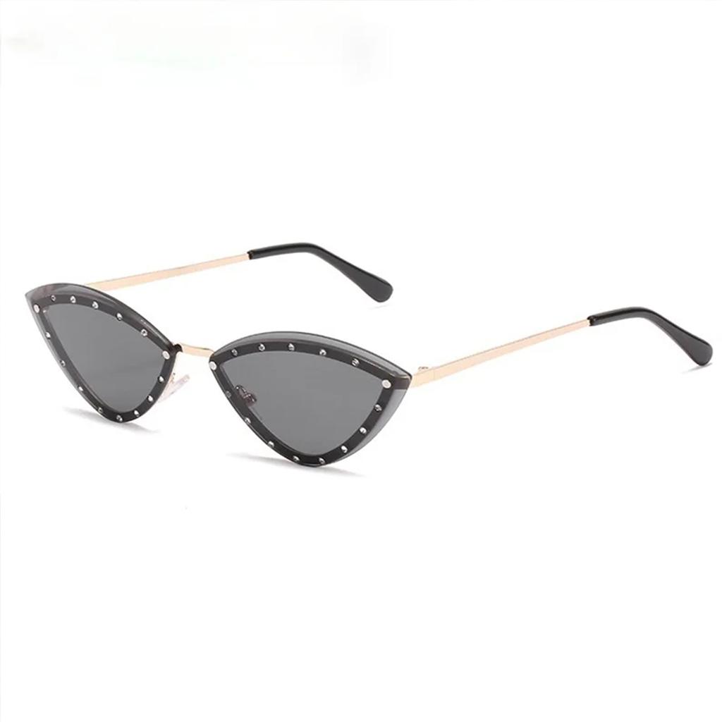 New Triangle Cat Eye Sunglasses Alloy Rimless Crystal Shiny Sun Glasses Female Unique Elegant Green Rhinestone Shades