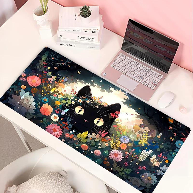 Wolken Schwarze Katze Mauspads PC Grüne Pflanzen Blume Gaming Tastatur Teppich Laptop Kawaii Anime Gamer Schrank Mauspads XL Niedliche Schreibtischmatte