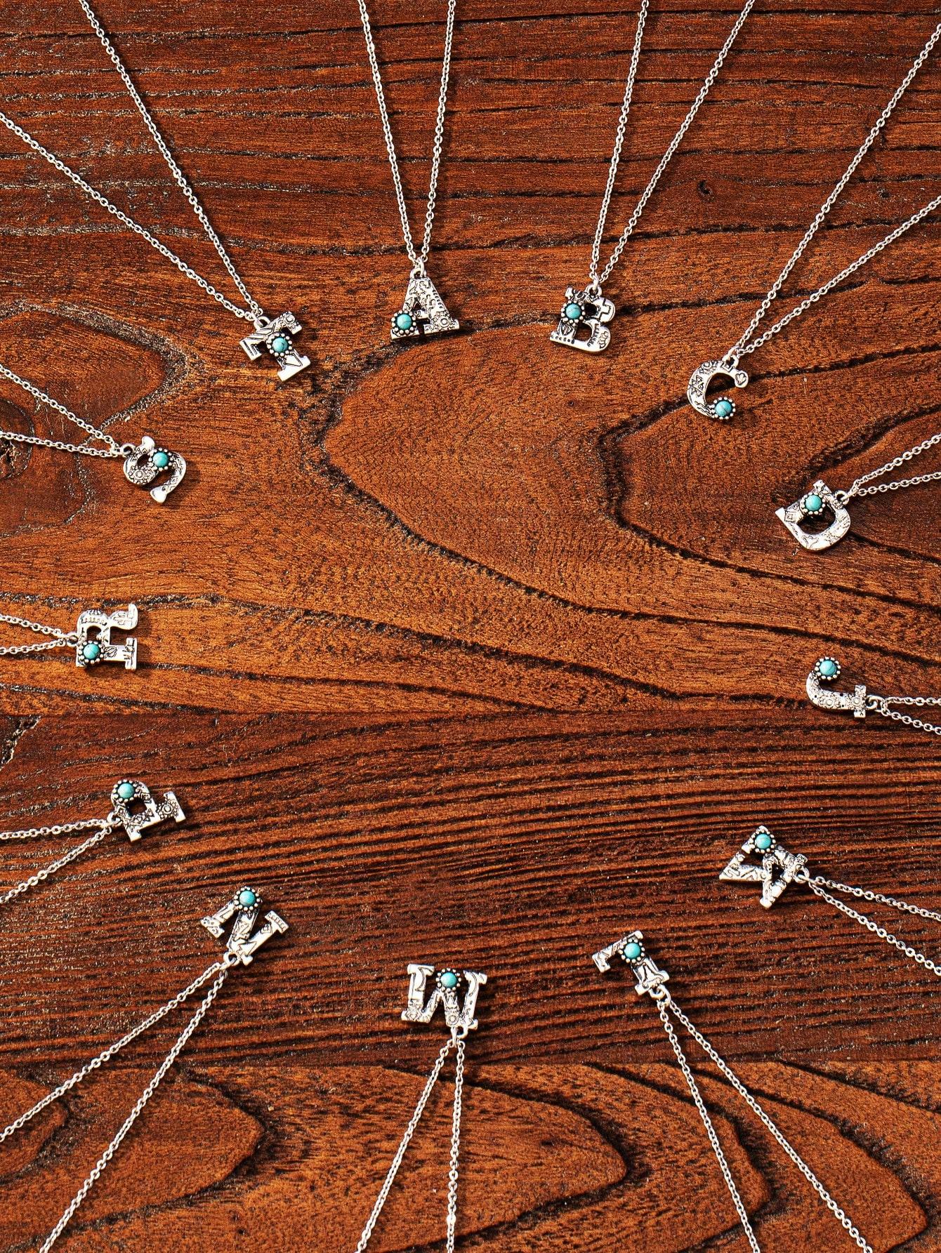 

Retro Antique Silver Color Western Blue Turquoise Stone Decor Letters Initials Pendant Necklace For Women A9285T&one-size