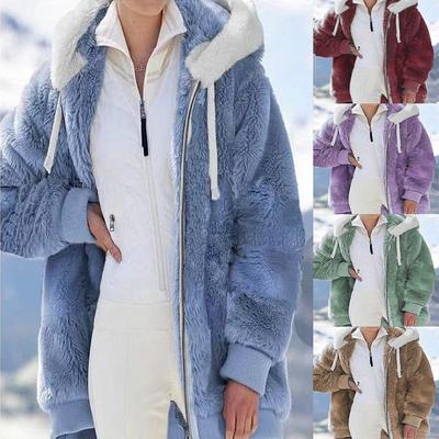 Neue Herbst- und Winterjacke aus Plüsch mit Reißverschluss und Kapuze für Damen