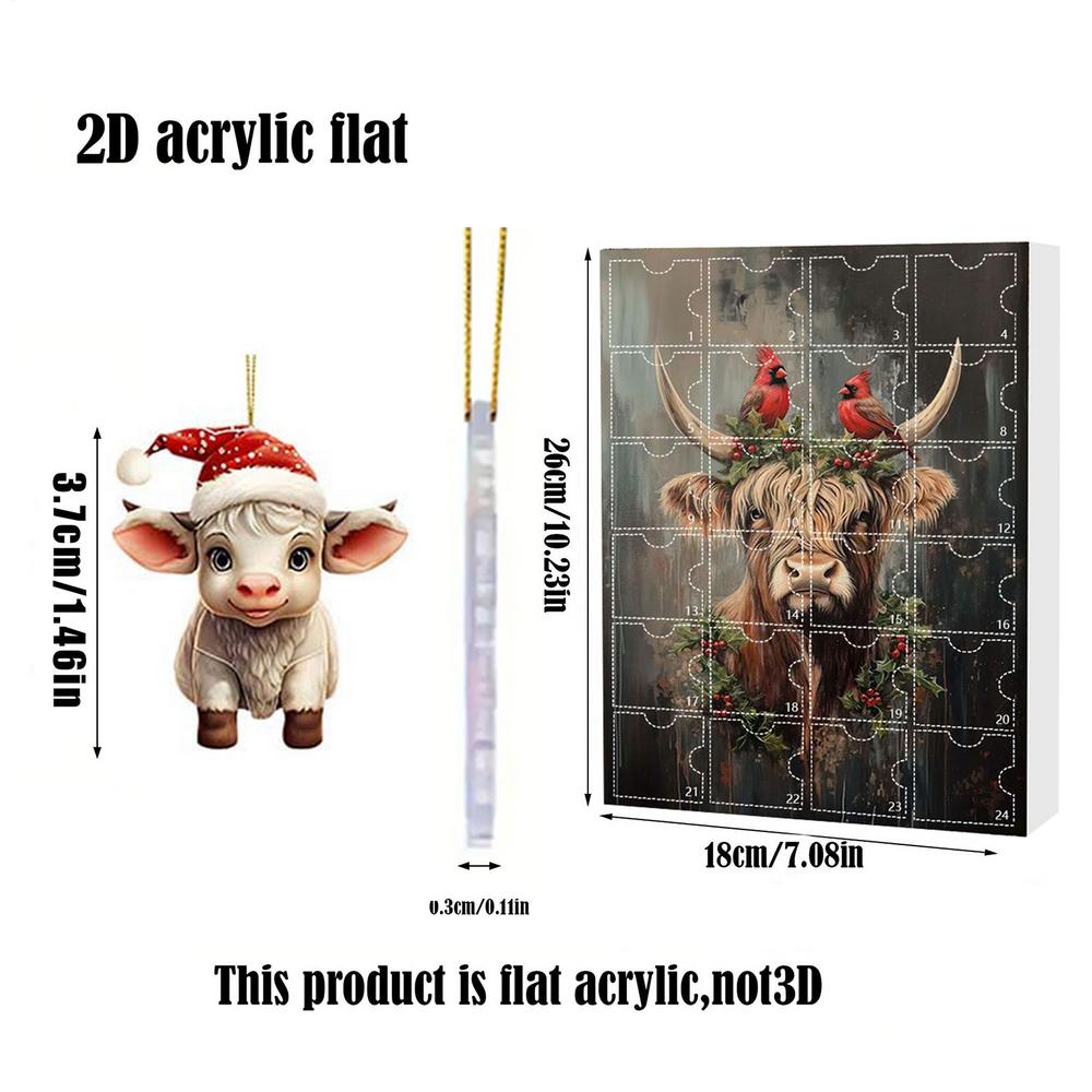 Christmas Highland Cow Advent Calendar 24pcs 2D flat Xmas Tree Interesting Highland Cow Hanging Ornaments Kids Xmas Gifts