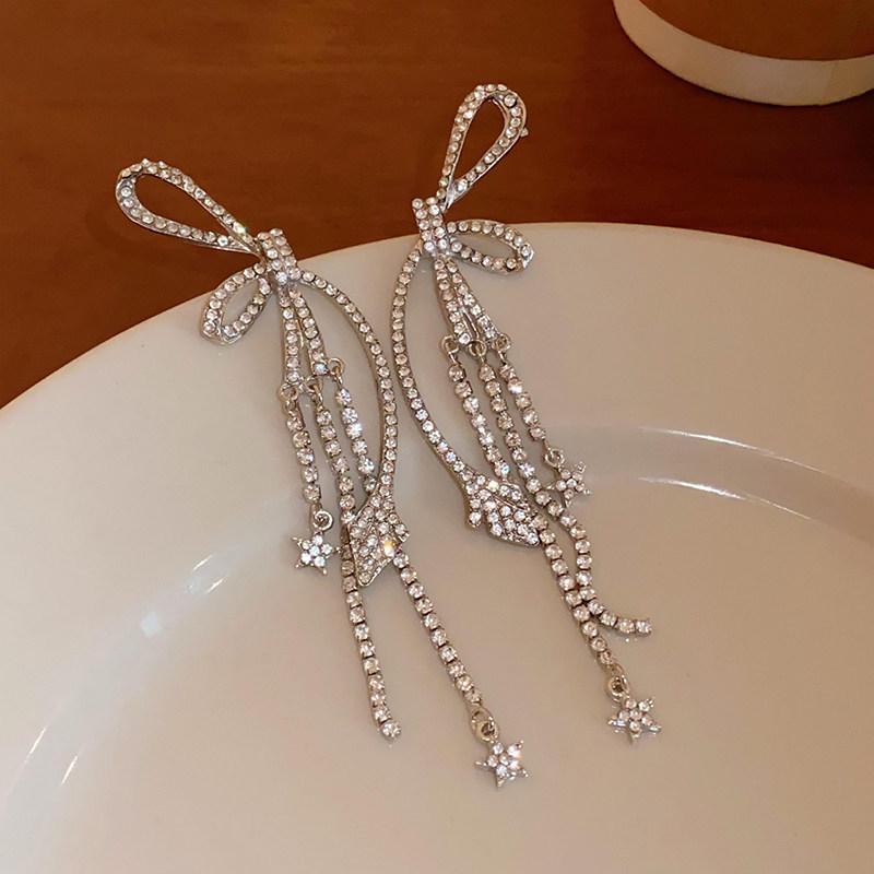 Korean Style Rhinestone Bow & Star Tassel Earrings - Light Luxury, High-End Feel, Fashionable Stud Jewelry