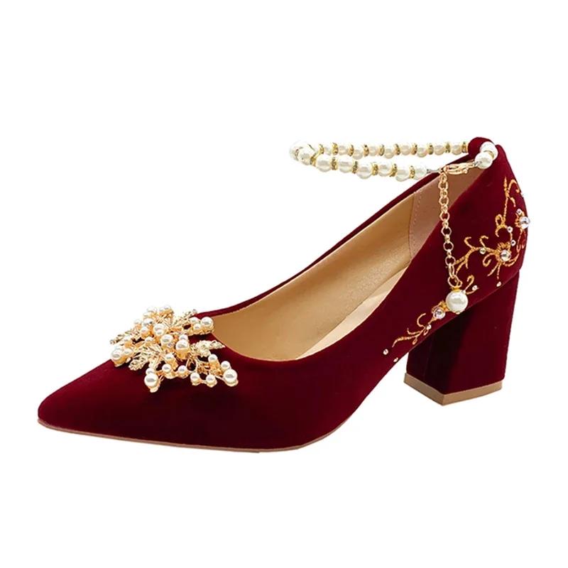 Fashion 2025 New Gold Embroidered Flowers Thick High Heels Women's Big String Bead Decor Wedding Pumps Woman Suede Point Toe Party Shoes