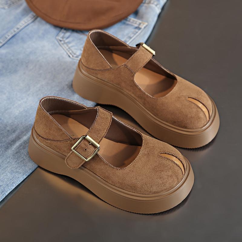 Fashion Women's Thick Sole Single Shoes Spring New Round Head Shallow Mouth Suede Metal Buckle Anti-slip Wear-resistant Low-top Shoes
