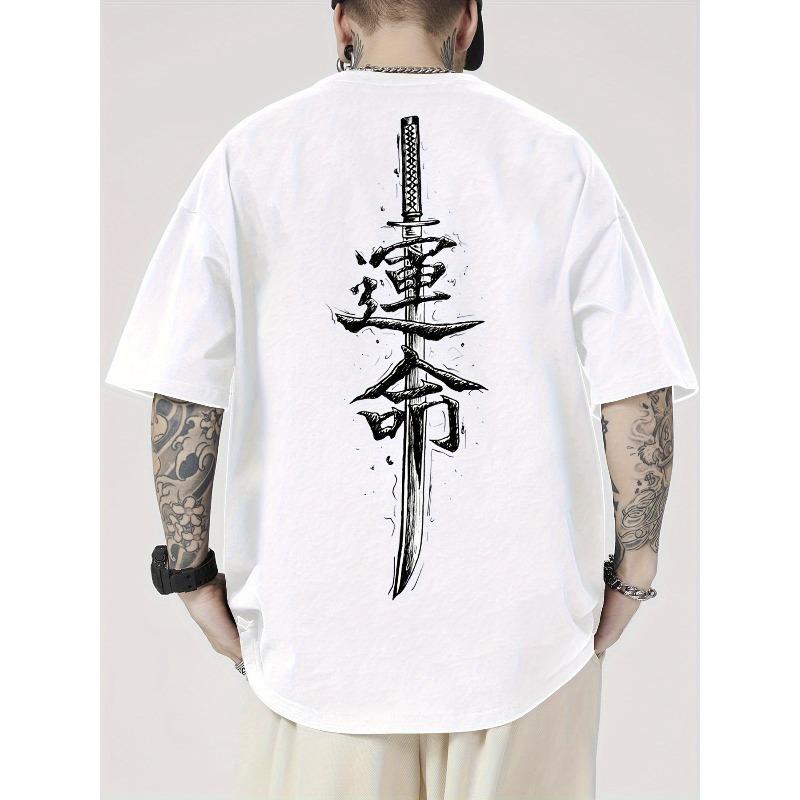 Evropské velikosti Pánské bavlněné tričko s vysokou gramáží s potiskem japonského samurajského meče a kanji - Retro vintage design japonské mangy