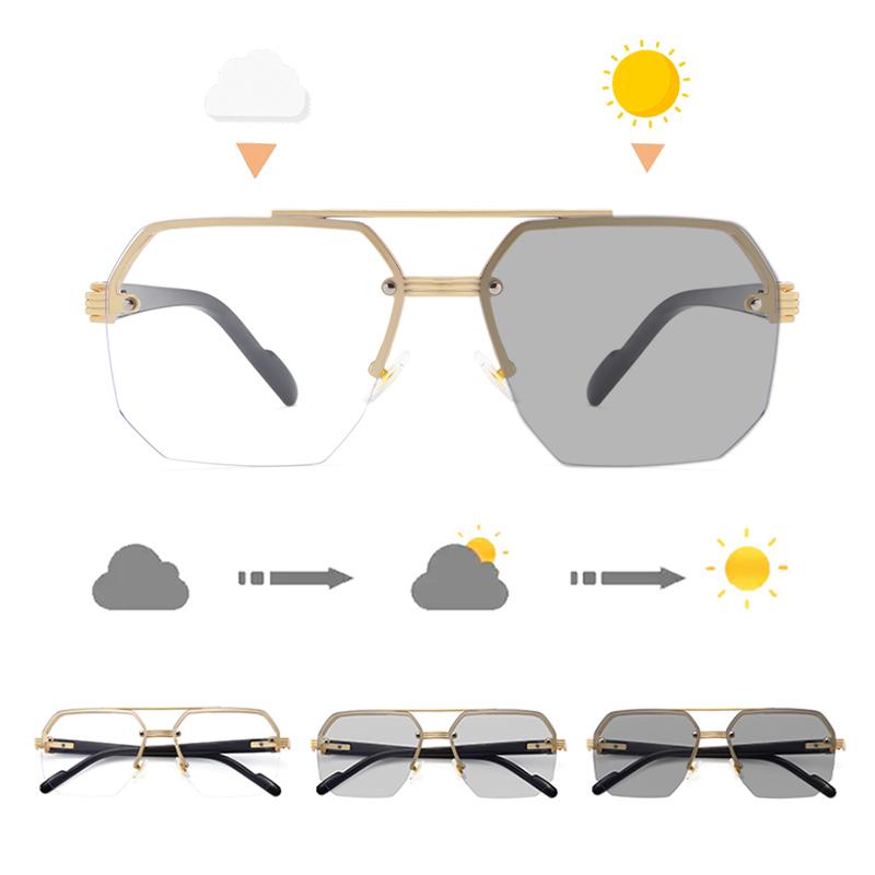 Luxury Metal Photochromic Sunglasses Men Women Vintage Double Beam UV400 Anti-glare Driving Shades