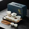 Suet jade tea set, white porcelain travel kung fu tea set, tea tray set, cover bowl teacup