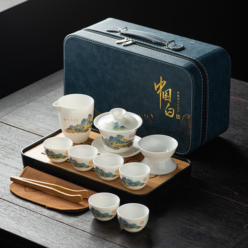 Suet jade tea set, white porcelain travel kung fu tea set, tea tray set, cover bowl teacup