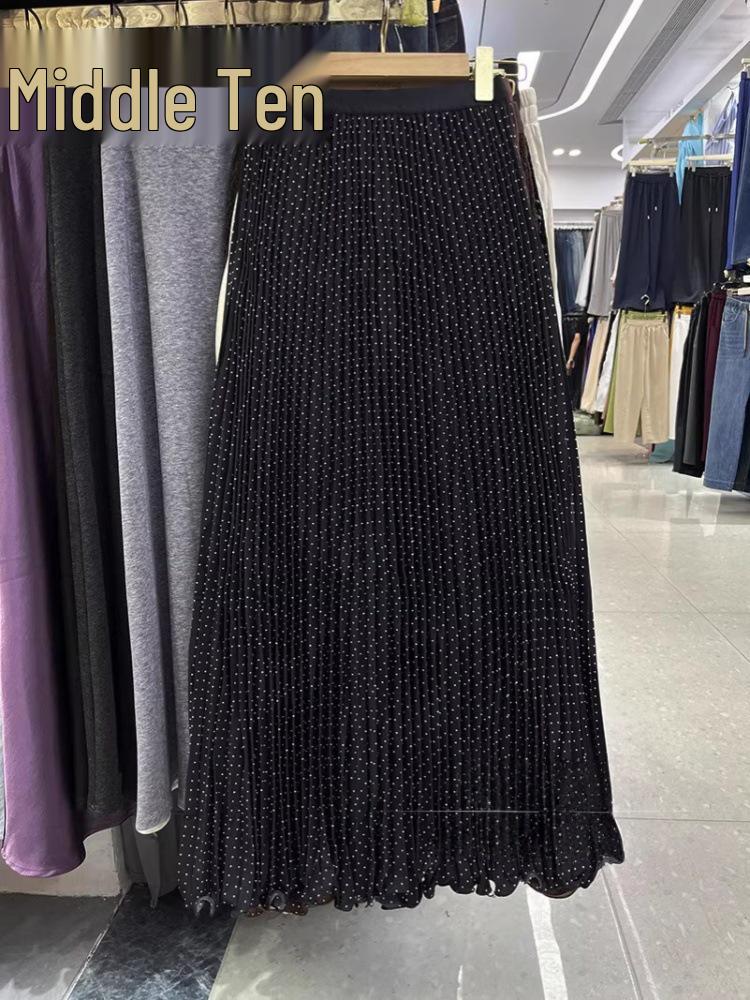 Retro High Waist Polka Dot Pleated Long Skirt with Lace Hem - Spring/Summer 2026 Collection