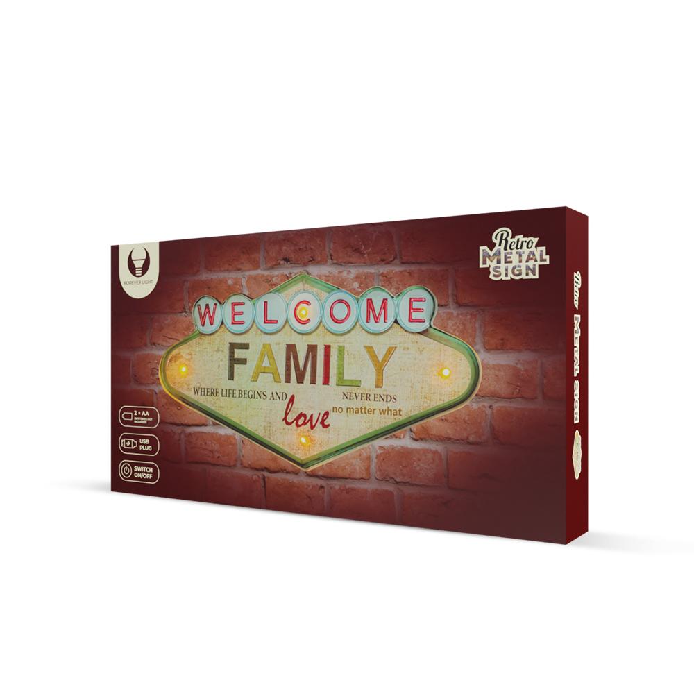 Znak Metalowy Retro Led Welcome Family Forever Light