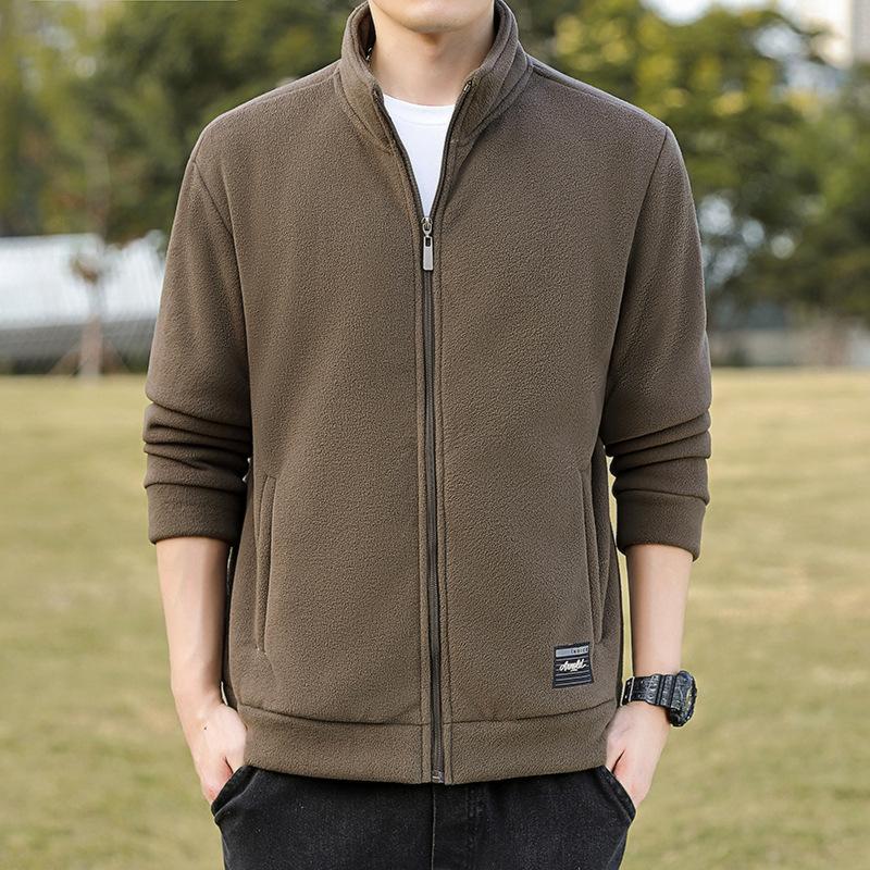 Men's Standing Collar Casual Cardigan Fleece Jacket Plus Velvet Thickened Warm Fleece Jacket