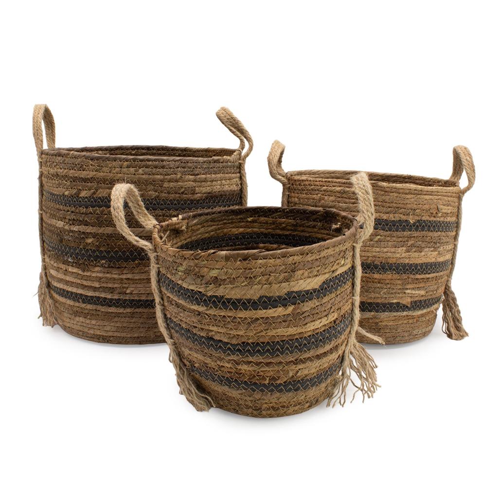 Bananna Leaf & Seagrass Large Baskets – Natural Browns- Set of 3