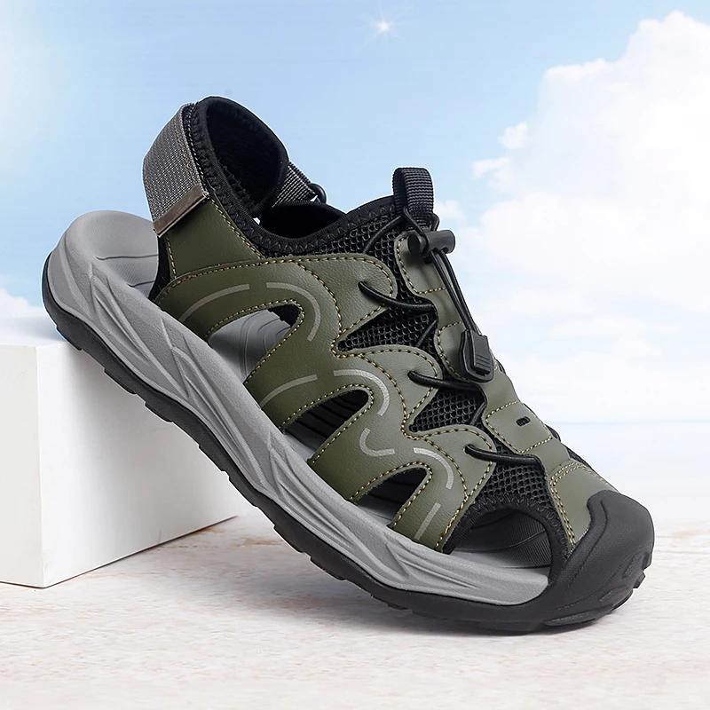 

2025 Summer fashion men s comfortable soft soled sandals outdoor new men s breathable hollow out anti slip beach shoes 39 зелёный