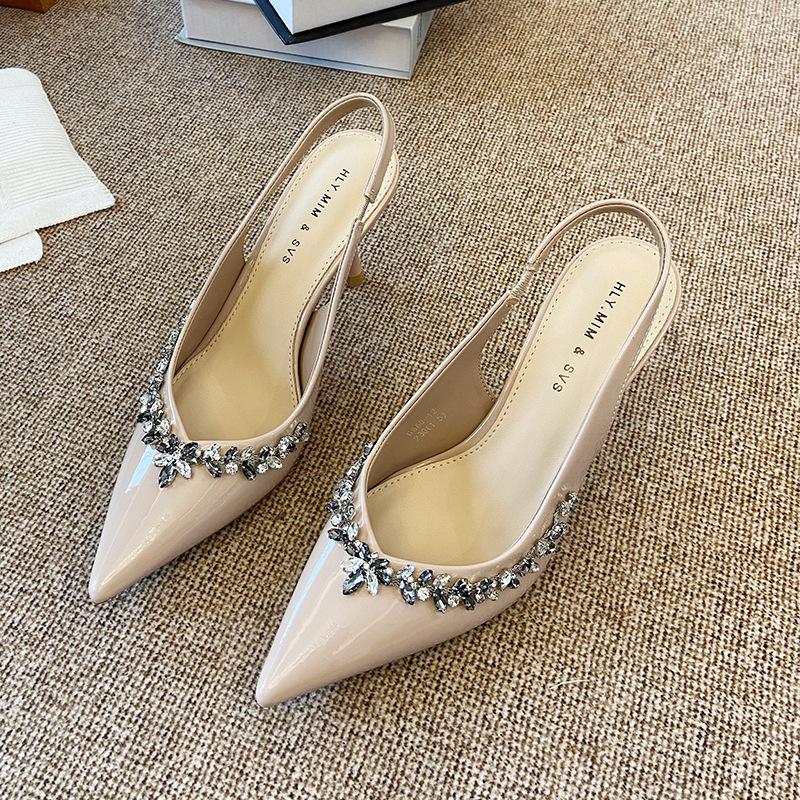 

G860-12 туфли-босоножки с острым носком из лакированной кожи со стразами, 2025 новая летняя модель, ремешок на одно слово, тонкий каблук сзади, высокий каблук 39 розовый