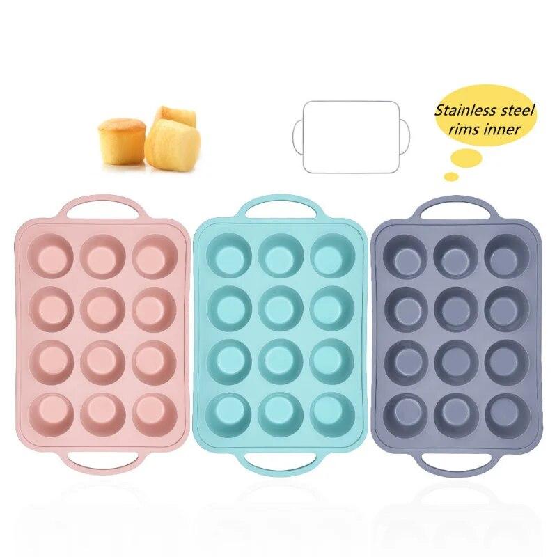 12 Holes Mini Cake Silicone Mold Built In Stainless Ring Cookies Fondant Baking Pan Non-Stick Silicone Cake Molds Baking Tools