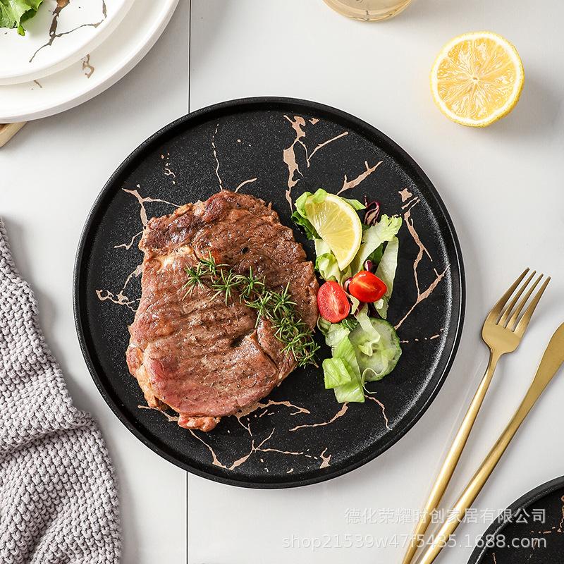 Japanese Creative Ceramic Western Food Plate with Marble Pattern and Edge Steak Plate, Hotel Tableware Setting Plate