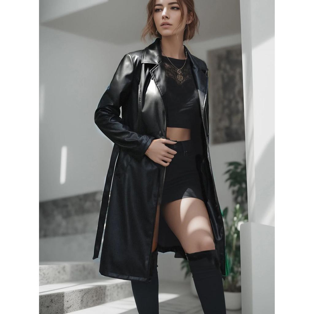 Solid Mid Length PU Leather Jacket Casual Lapel Long Sleeve Outerwear Women's Clothing