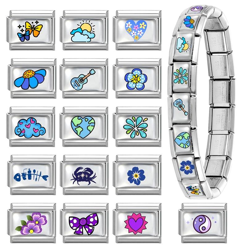 Y2K Dreamy Blue Purple Butterfly Tai Chi Flower Crab Bow Italian Charm Links Fit 9mm Stainless Steel Bracelet DIY Making Jewelry