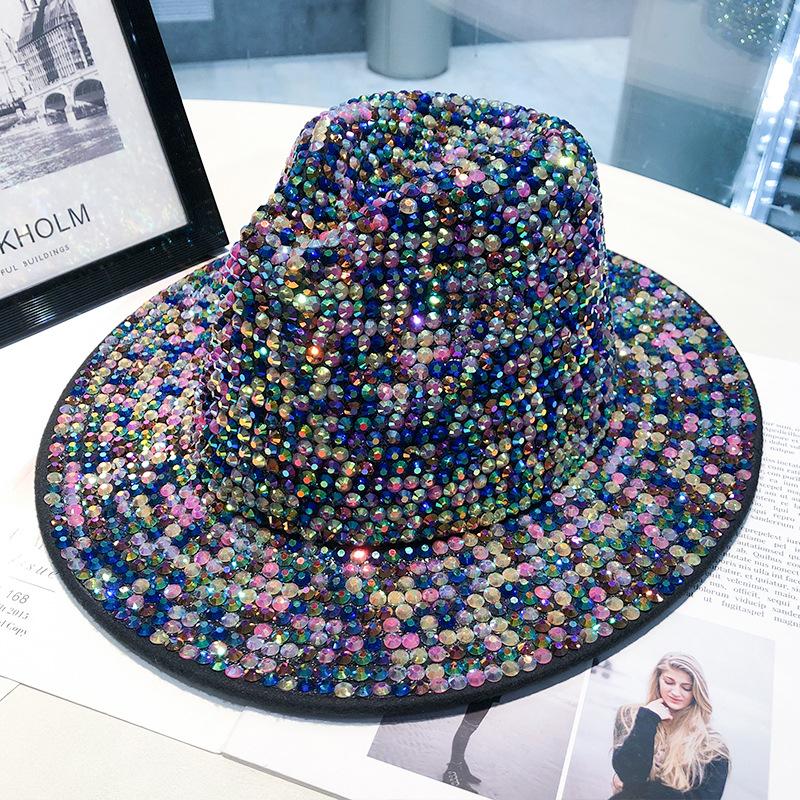 Chapeau femme automne et hiver mode strass élégant chapeau jazz rétro britannique polyvalent chapeau haut en laine incrusté de diamants tendance