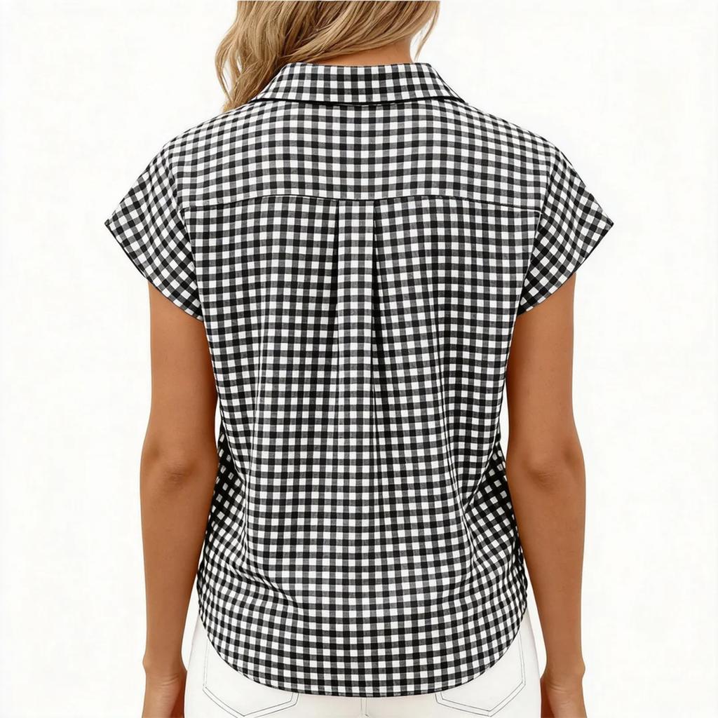 Women's Casual Loose Button Short Sleeve Plaid Shirt Top