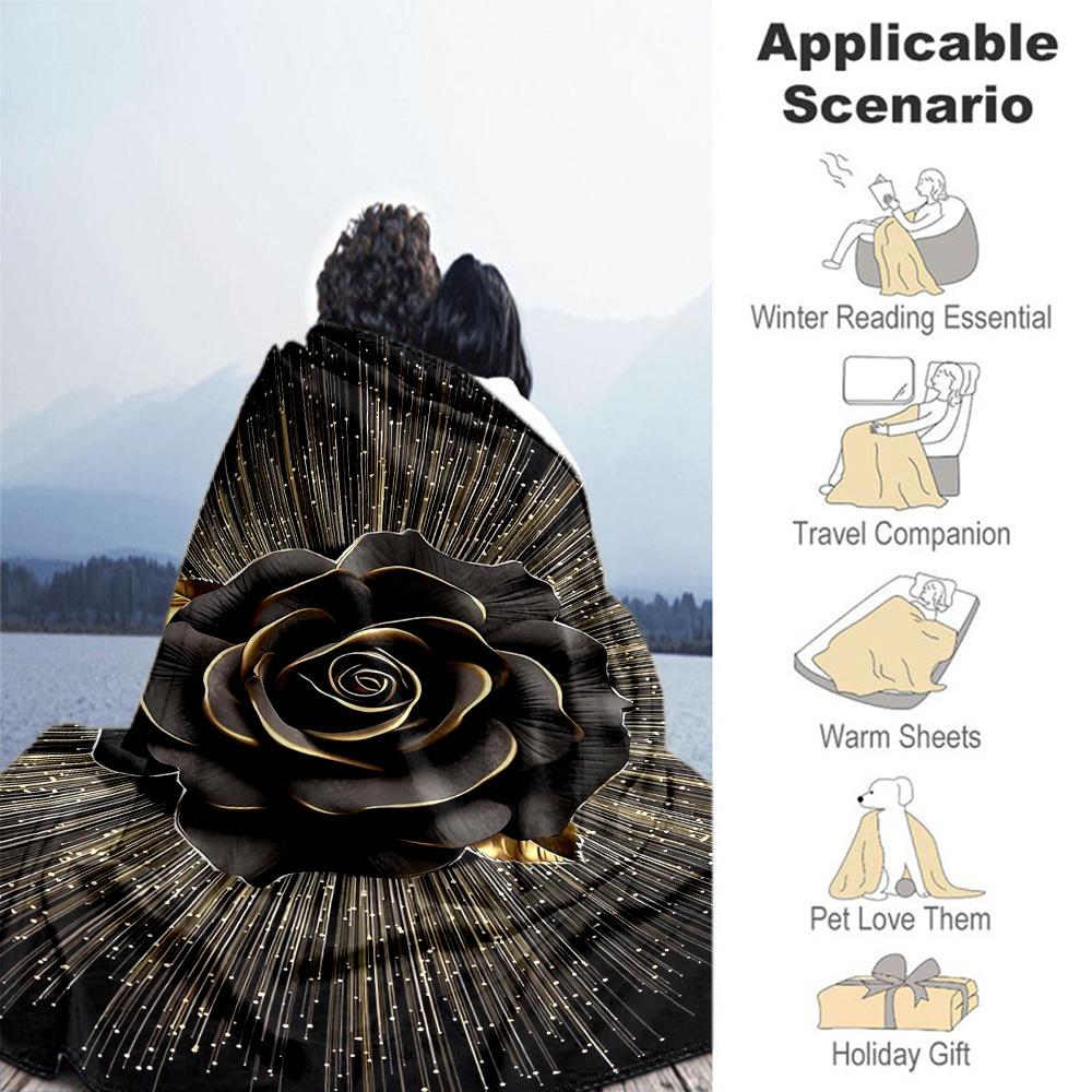 1pc Black Rose Golden Sparkles Outdoor Flannel Blanket Soft Warm All-Season Throw for Sofa Bed Car Camping Office, Cozy Gift Idea1124S