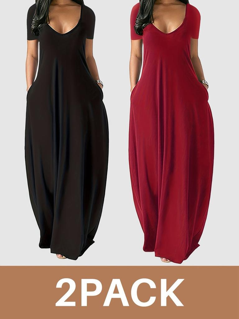 Summer hot sale large size women's clothing solid color sexy deep V-neck short-sleeved dress women