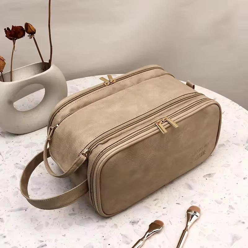 Multifunctional Makeup Bag For Women Pu Leather Large Capacity Portable Double Zipper Travel Makeup Brush Toiletries Storage Bag