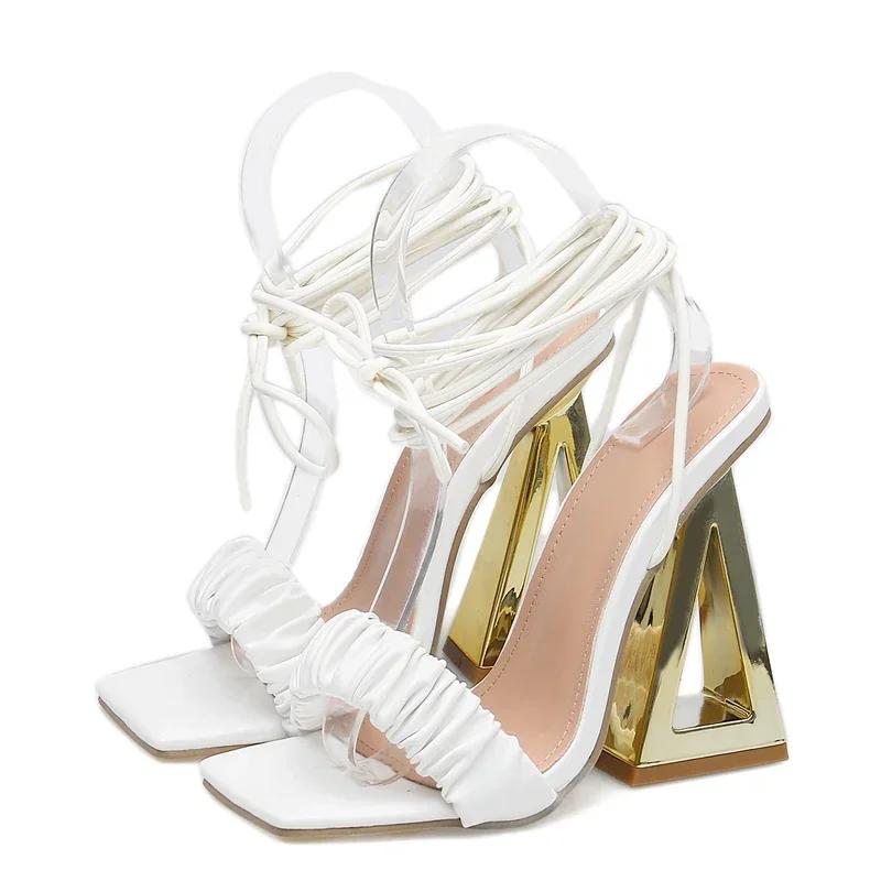 Gladiator Peep Toe Sandalias De Mujer Fashion Pleated Lace-up Fretwork 12cm Heels Summer Party Shoes Designer Zapatos De Mujer