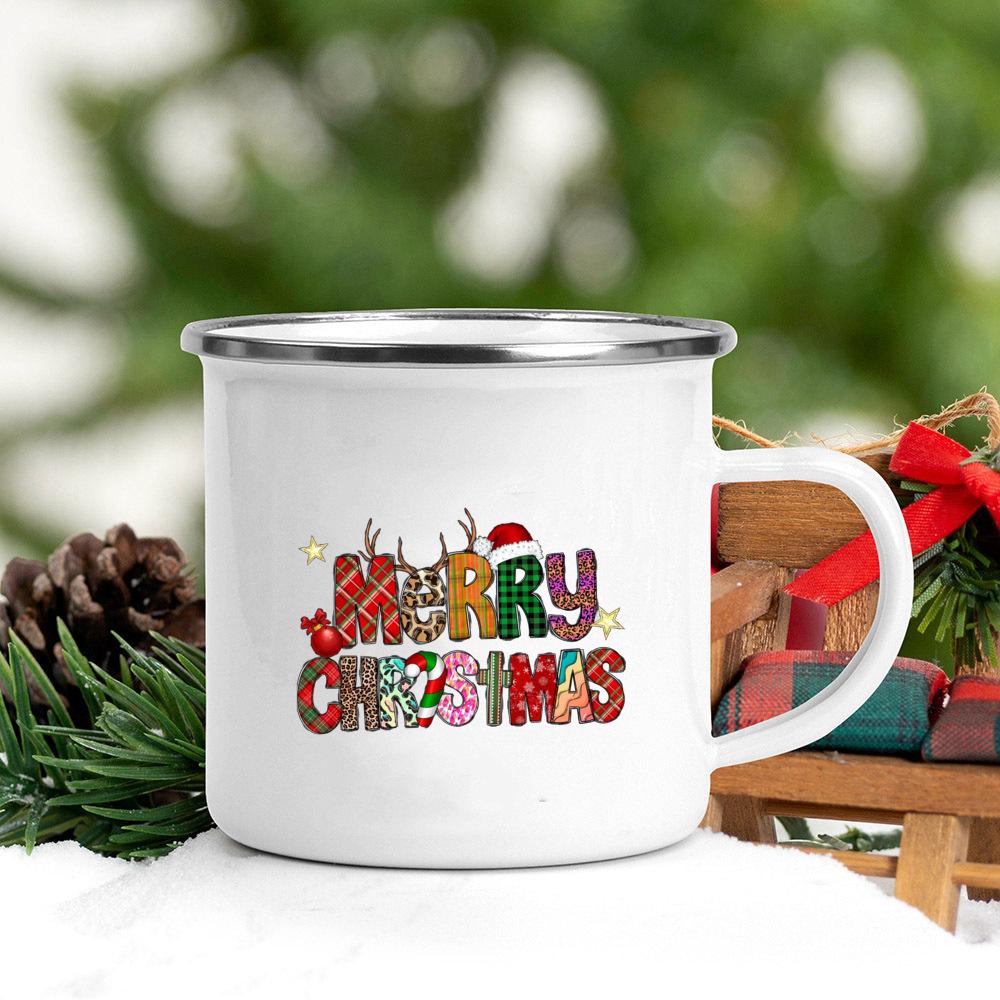 Santa Deer Truck Print Creative Enamel Cups Christmas Party Drink Juice Hot Cococ Cup Mugs Handle Mug Gifts for Family Friends