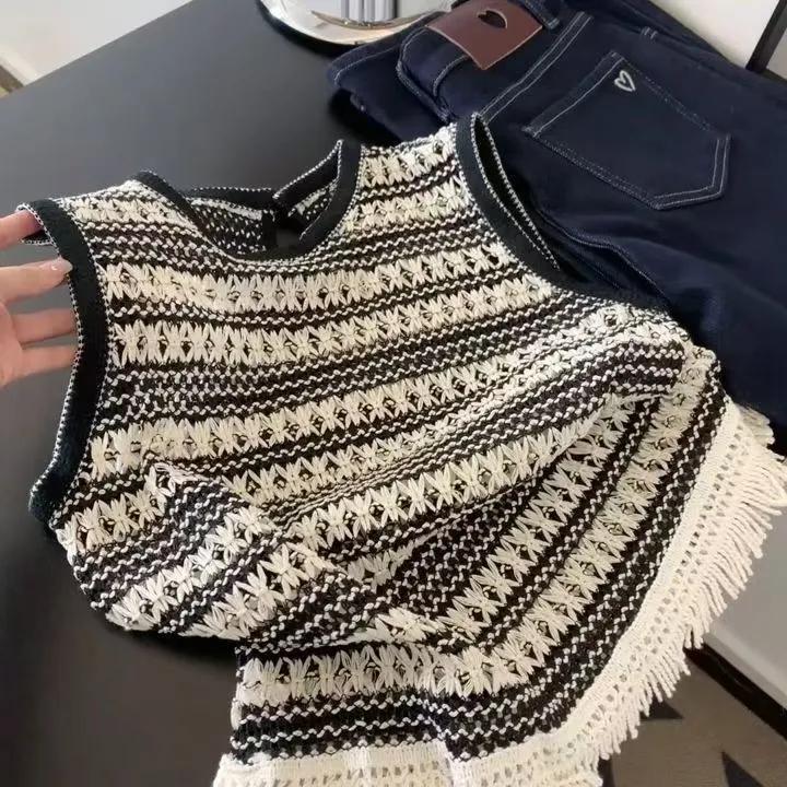 Женский вязаный топ в стиле бохо, черно-белая полоска, с бахромой S чёрный
