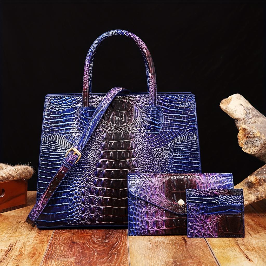 3 Pcs Crocodile Pattern Handbag & Purses Set, Multi-functional Vintage Top Handle Crossbody Bag & Business Clutch Bag & Card Coin Purse