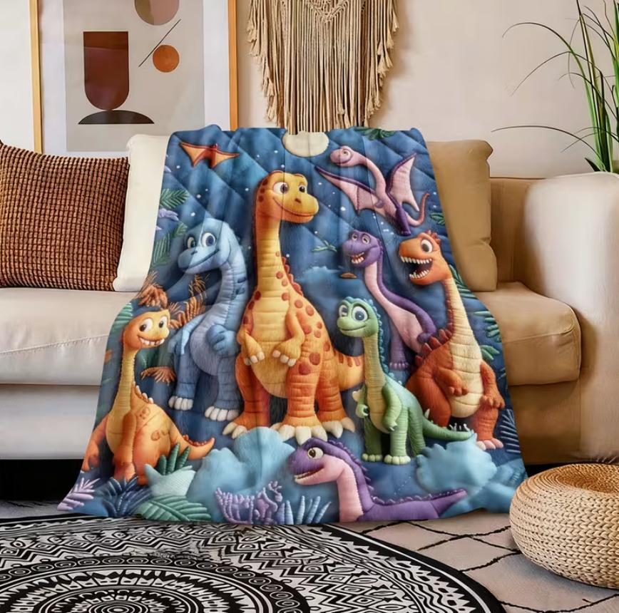 1pc Colorful Dinosaur Cartoon Theme Flannel Blanket| Dark Blue Night Background Matching 3D Style Dinosaur Digital Printing