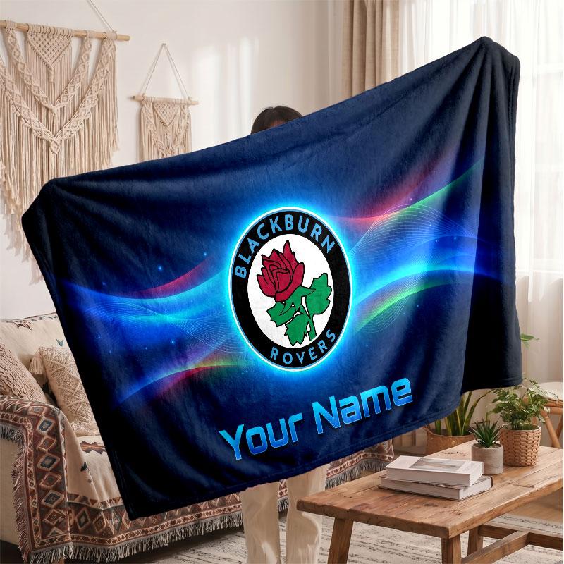 Blackburn Rovers FC Personalized Fleece Blanket With Football Logo, Custom Name Text Soft Warm Home Throw Blanket
