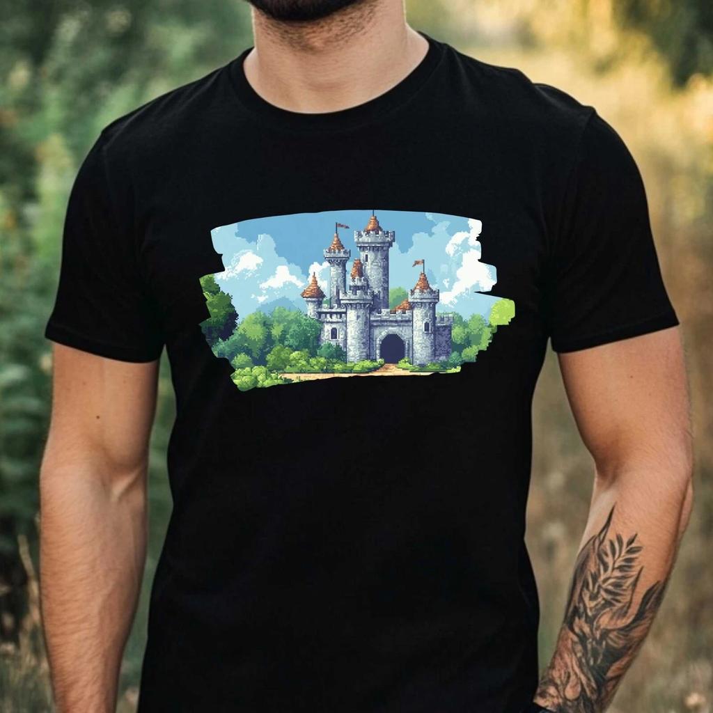 T-Shirt Herren Schloss Pixel Art Motiv Baumwolle Größe XS bis 5XL