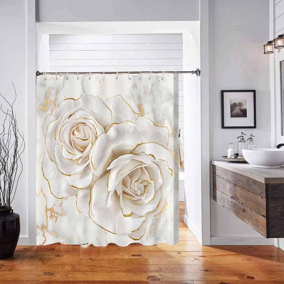 White Rose Shower Curtain, Blossoming Floral Gold Glitter Rose Shower Curtains, Romantic Plant Shower Curtain Set, 12 Hooks, Washable Washable