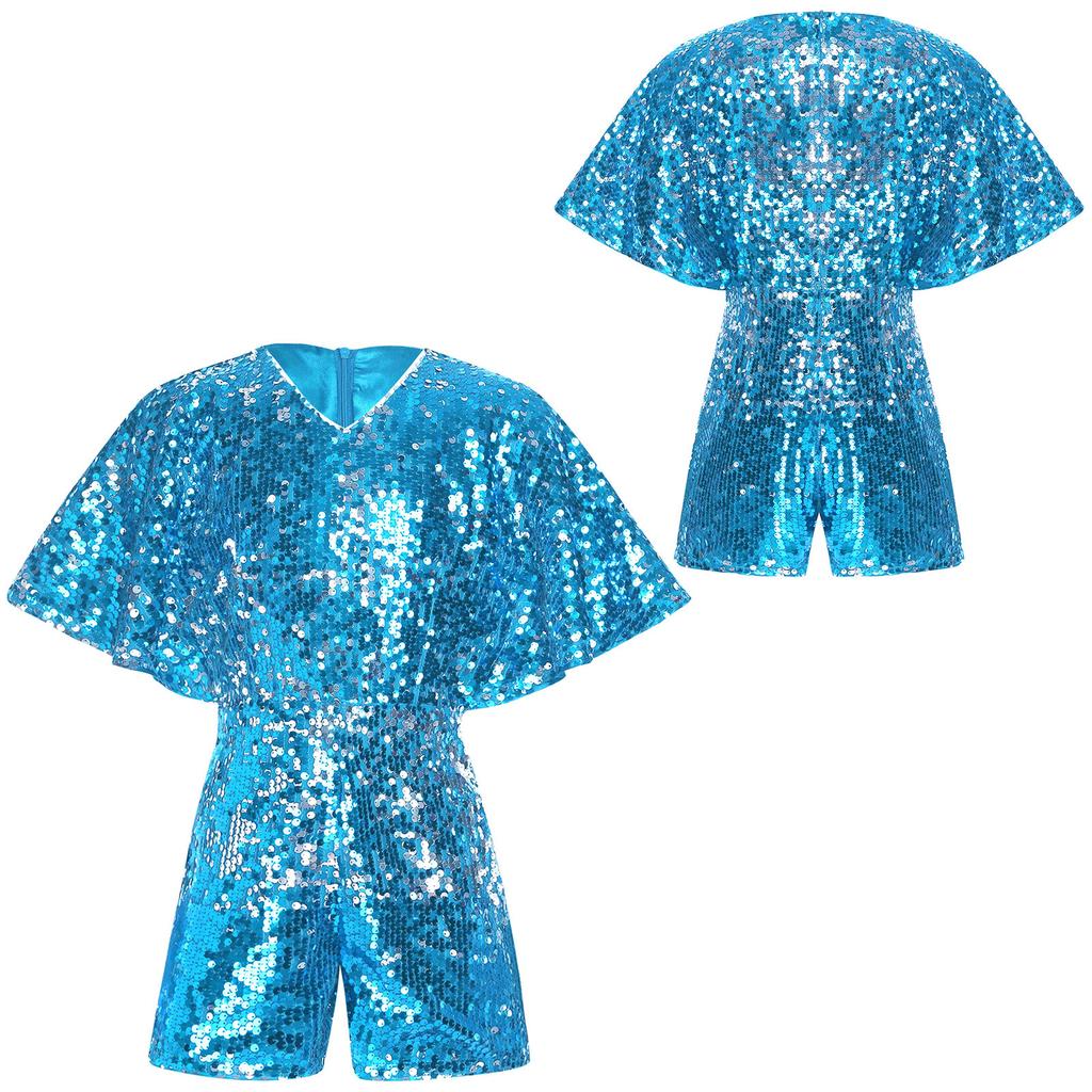 Complete Party-Ready Jumpsuit for Girls: Sparkling Sequins V-Neck Cap Sleeve Bodysuit, Perfect for Photos & Special Events