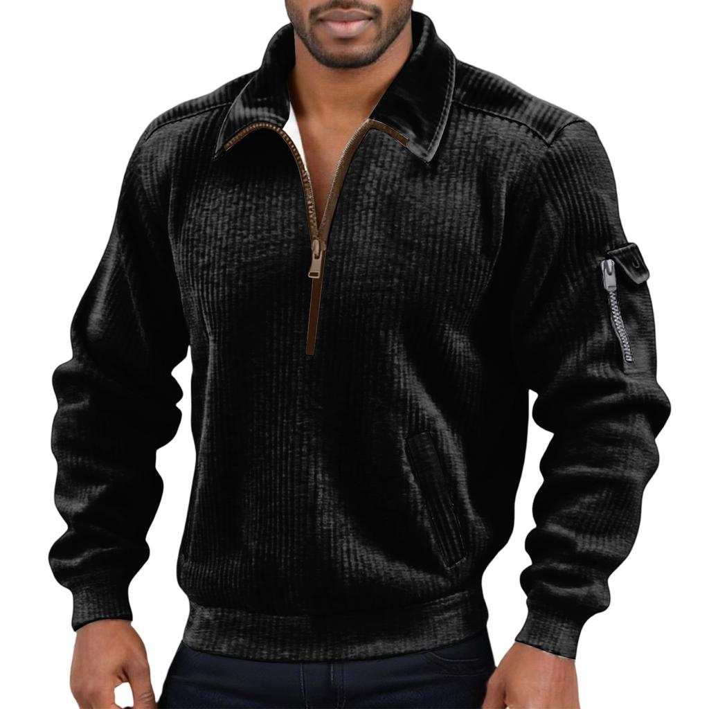 Men's Color Corduroy Zipper Neck Long Sleeve Top Men's Casual Lapel Top