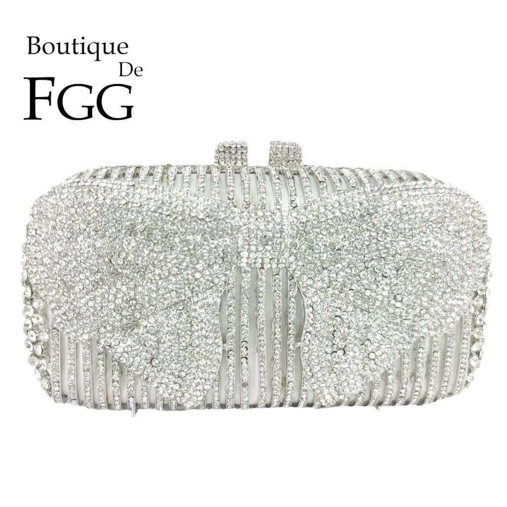 Boutique De FGG Silver Rhinestone Clutch Purses for Women Formal,Bow Crystal Evening Bags,Bridal Wedding Party Minaudiere Bag