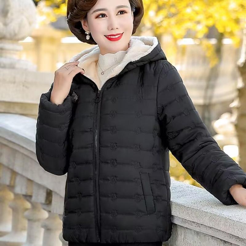 

Жіноча червона пуховик з капюшоном на флісовій підкладці, теплий зимовий одяг для середнього віку S чорний