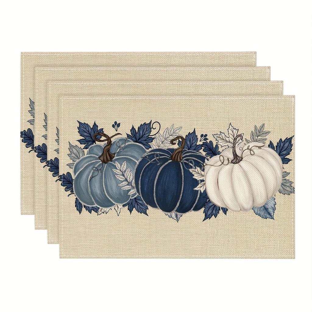 4pcs, Linen Navy Blue Pumpkins Fall Placemats Set of 4, 12x18 Inch Autumn Thanksgiving Watercolor Table Mats for Dining Party De