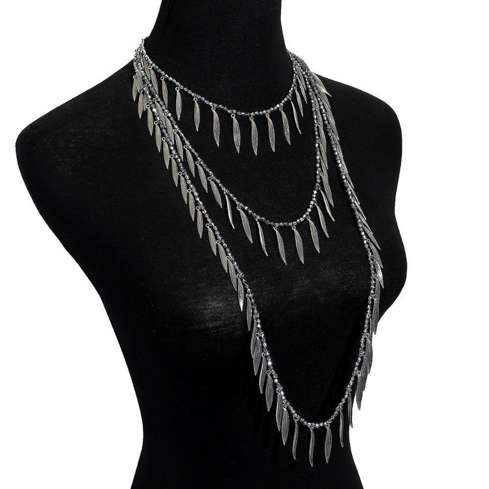 Vintage Beaded Splicing Necklace Alloy Gold /Silver Tassel Necklace Metal Chains Bohemian Style Feather Leaves Charm Necklace