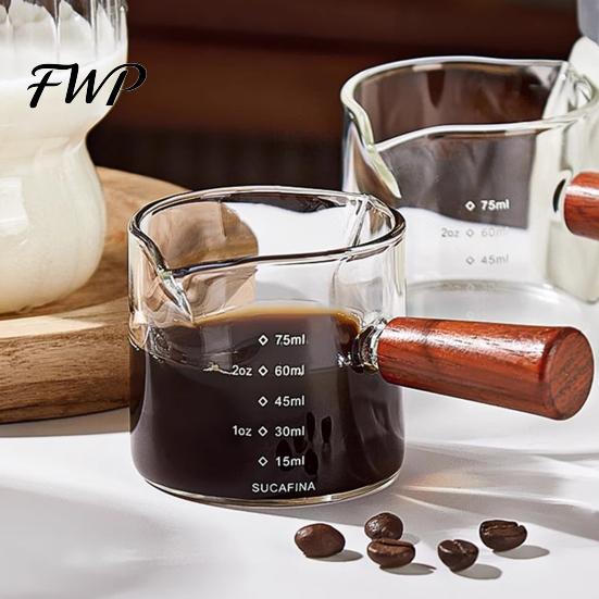 Anti-scalding Coffee Cup Milk Pitcher with Wooden Handle Mini Glass Creamer Food Grade for Espresso Small Sauce Dipping Bowl Measuring Scale Condiment