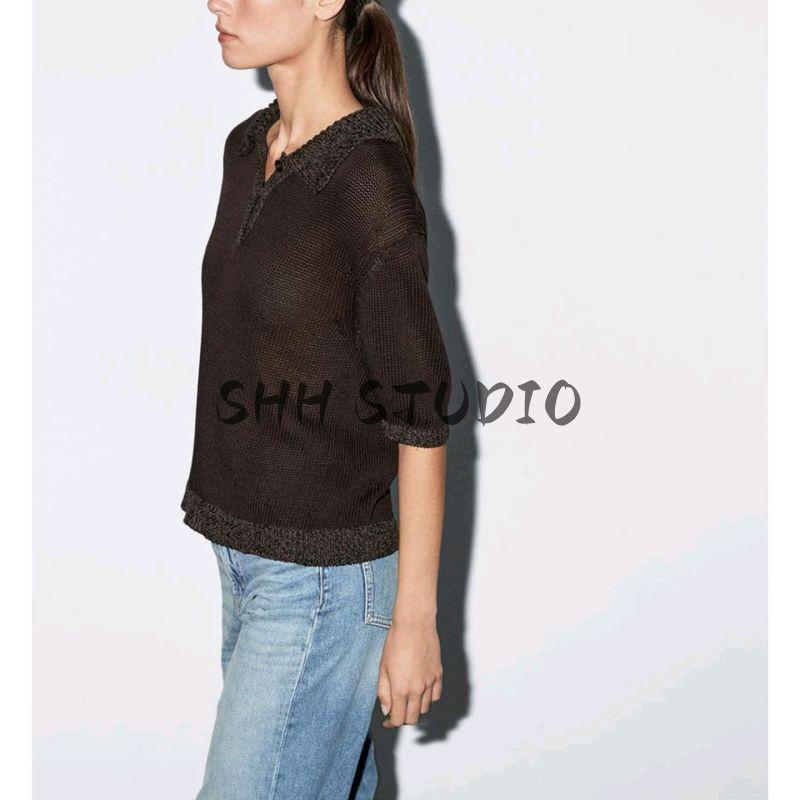 MD Early Autumn New Women Clothes Intelligent Commuter Style Slightly Transparent Hollow Cotton Short Sleeve Knitted Polo Shirt 5627826