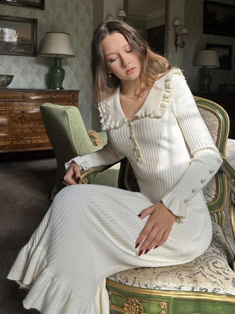 Hohe Taille Rüschen Maxi Kleider Für Frauen Gestrickte Schlanke Lange Kleid frauen Vintage Kleid Frau Retro Elegante